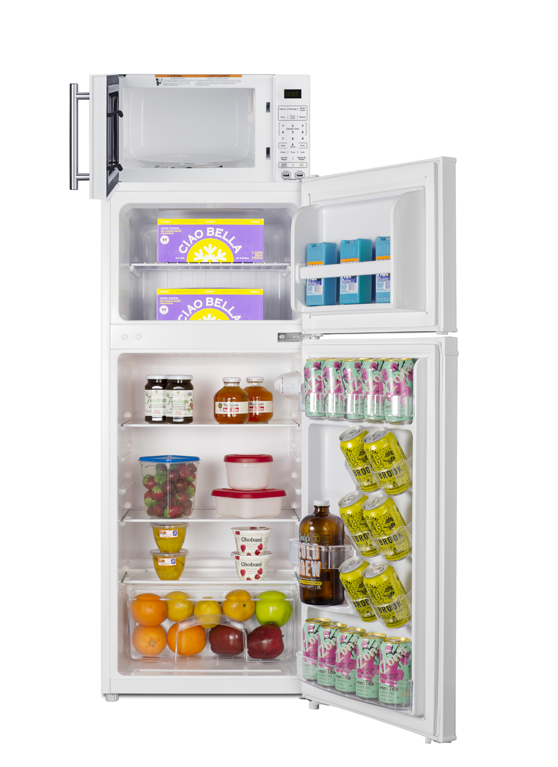 2-door mid-sized refrigerator-freezer and compact microwave in white with allocator and USB ports for 1-plug operation; ships in three boxes on one pallet